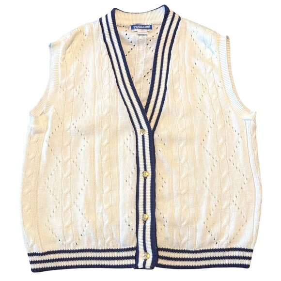 Vintage 1990’s Pendleton white cable knit varsity stripe sweater vest in size L - Picture 1 of 5